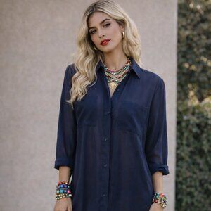 H&M Navy Sheer Button-Down Shirt Dress